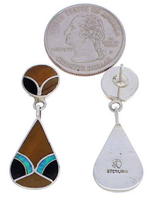 Genuine Sterling Silver Multicolor Inlay Post Dangle Earrings JX23819